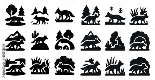 Wildlife silhouette icons set – nature, animals, forest and landscape symbols
