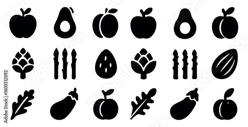 Fruits and vegetables solid icons set – silhouette, filled, healthy food symbols