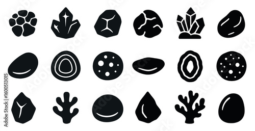 Nature and minerals silhouette icons set – flat, solid, geological elements