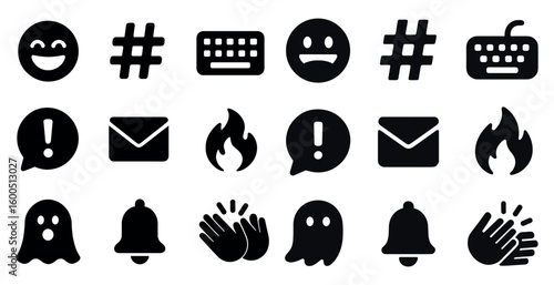 Communication and expression solid icons set – filled, emoji, message symbols