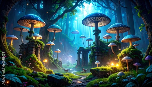 Mystical mushroom forest path