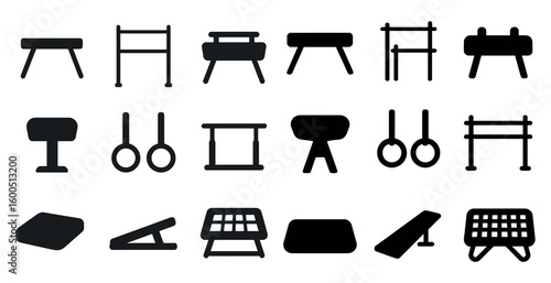Gymnastics silhouette icons set – flat, filled, fitness and exercise symbols