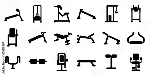 Fitness equipment silhouette icons set – solid, workout, gym symbols for exercise