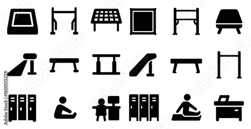 Gym and fitness silhouette icons set – solid, workout, exercise equipment symbols