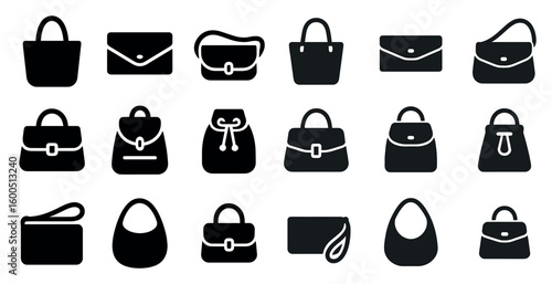 Fashion bag icons set – silhouette, solid, handbag and purse symbols