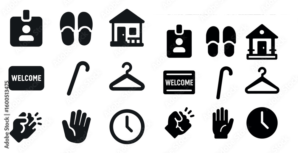 Fototapeta premium Hospitality solid icons set – flat, filled, welcome and lodging symbols