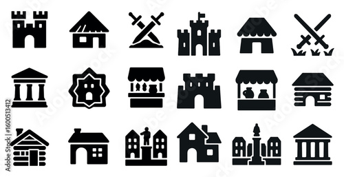 Medieval architecture solid icons set – castles, fortresses, ancient buildings visuals