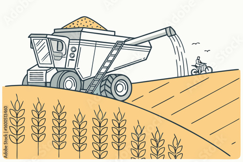 Illustration of a combine harvester in a field with a cyclist in the background on a sunny day