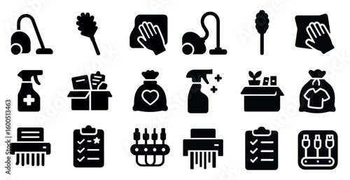 Cleaning essentials icons set – solid, filled, household and maintenance symbols
