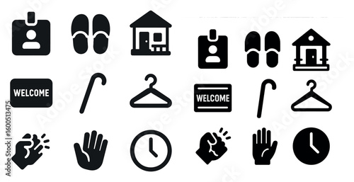 Hospitality solid icons set – flat, filled, welcome and lodging symbols