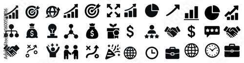 Business and finance icons set – solid, silhouette, corporate and money symbols