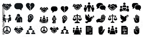 Conflict resolution and peace silhouette icons set – diplomacy, negotiation, symbols
