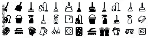 Cleaning tools icons set – solid, filled, housekeeping and sanitation symbols