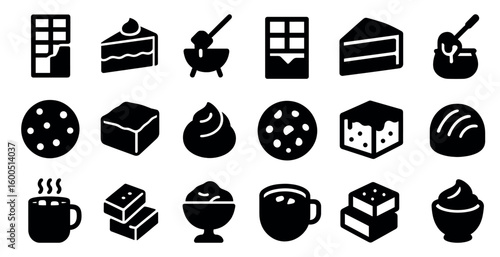 Dessert and sweets solid icons set – filled, silhouette, dessert symbols