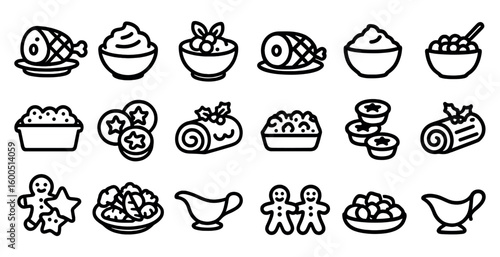 Holiday foods outline icons set – line, festive, meal and culinary symbols