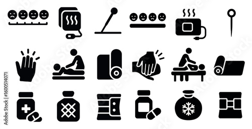 Massage therapy solid icons set – filled, wellness, spa and relaxation symbols