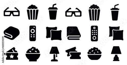 Home entertainment solid icons set – cinema, movie night, leisure symbols