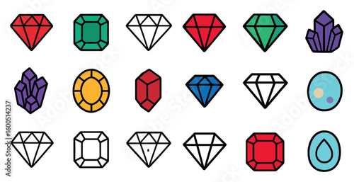 Gems and crystals icons set in outline – precious stones, jewelry, minerals symbols