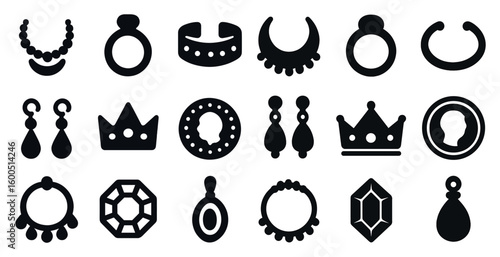 Jewelry silhouette icons set – solid, filled, accessory and adornment graphics