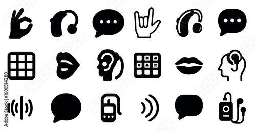 Hearing accessibility silhouette icons set – communication, support, deaf aid symbols