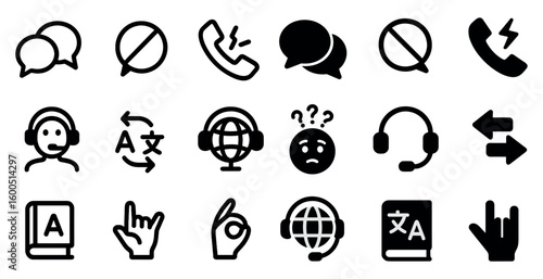 Communication and language silhouette icons set – translation, chat, global symbols