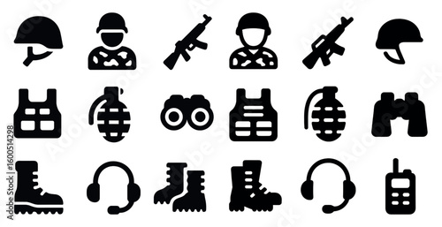 Military and war solid icons set – filled, defense, combat symbols