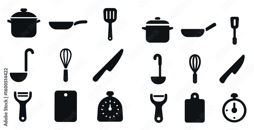 Fototapeta premium Kitchen tools silhouette icons set – solid, filled, cooking and utensil symbols