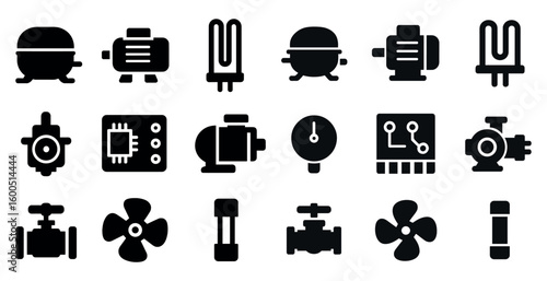 Industrial and engineering solid icons set – filled, machinery, equipment symbols