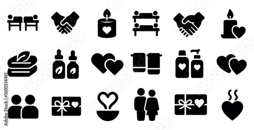 Spa and relaxation icons set – solid, filled, wellness and self-care symbols