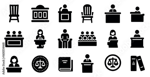 Courtroom and law solid icons set – filled, legal symbols and justice graphics