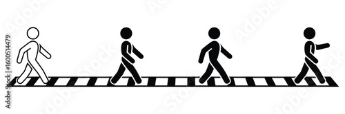 Dynamic stick figures confidently stride across a crosswalk symbolizing progress, movement, and urban pedestrian safety in a clean, modern graphic style.