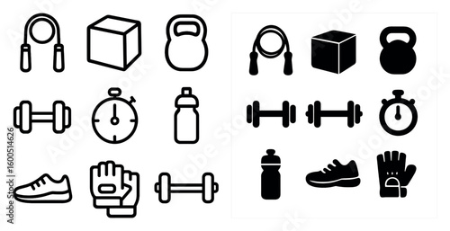 Fitness and exercise outline icons set – flat, solid, workout tools and equipment logos