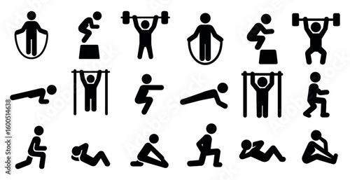 Exercise and workout solid icons set – fitness, silhouette, gym activity visuals