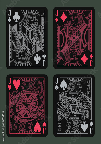 Jack Spades, Hearts, Diamonds, Clubs suits. Vector playing poker cards.	
