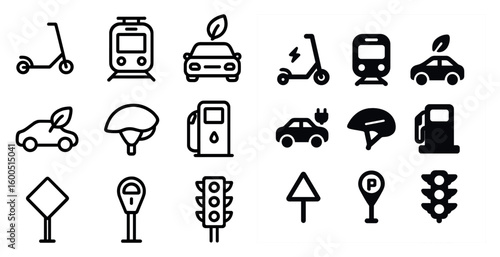 Eco-friendly transportation icons set - outline, linear, green commuting symbols