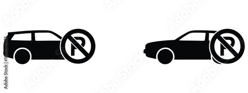 Clear signage showing no parking symbols applied to stylized car silhouettes, conveying restrictions and urban guidance
