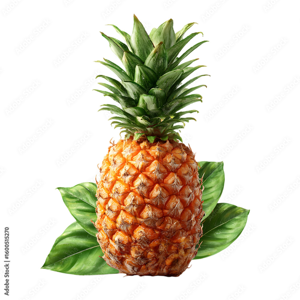 Fototapeta premium Whole ripe pineapple with green leaves isolated on transparent background for tropical fruit concepts