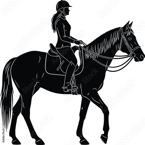 Cad drawing flat vector illustration of equestrian rider silhouette on horseback, horse riding sport concept, black white vector artwork