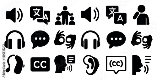 Accessibility and communication icons set – solid, filled, assistive technology