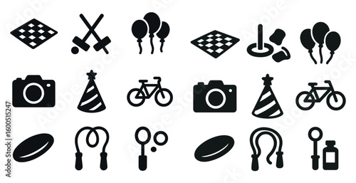 Recreation and games solid icons set – activities, sports, fun symbols
