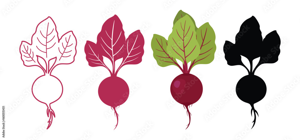 Fototapeta premium Beetroot, beet set, collection. Line silhouette, red silhouette, vegetable with leaves, black silhouette. Icons, beet plant logo. Vector illustration on white background.