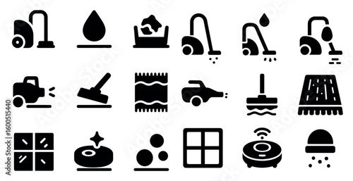 Cleaning equipment solid icons set – filled, silhouette, household tools symbols