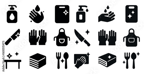 Cleaning and hygiene solid icons set – filled, sanitary, cleaning symbols