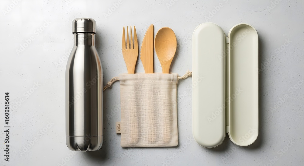 Fototapeta premium Reusable stainless steel water bottle and bamboo cutlery set for sustainable living.