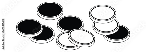 Dynamic arrangement of black and white checkers or coins scattered across a clean white background, suggesting strategy and simple design elements.