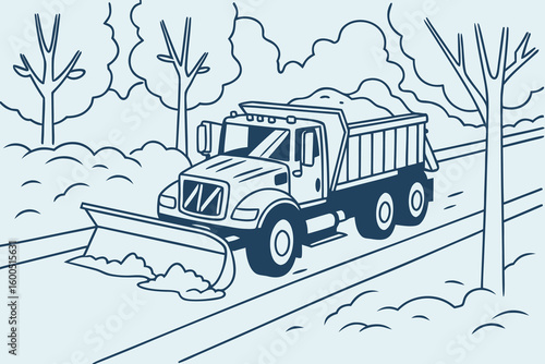 Illustration of a snowplow truck clearing a road with trees and snow banks along the sides of the road