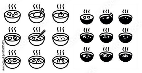 Soup and culinary line icons set – outline, flat, food and cooking symbols
