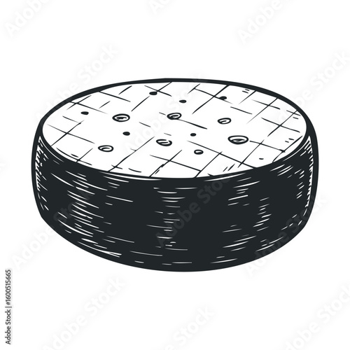 Round cheese illustration with textured surface in monochrome