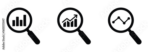 Vector art of three magnifying glass icons show graphs and charts representing data analysis market research and business intelligence activities