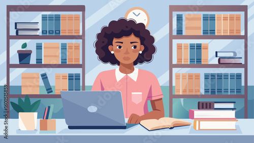 Woman working at a desk with a laptop and books in a library